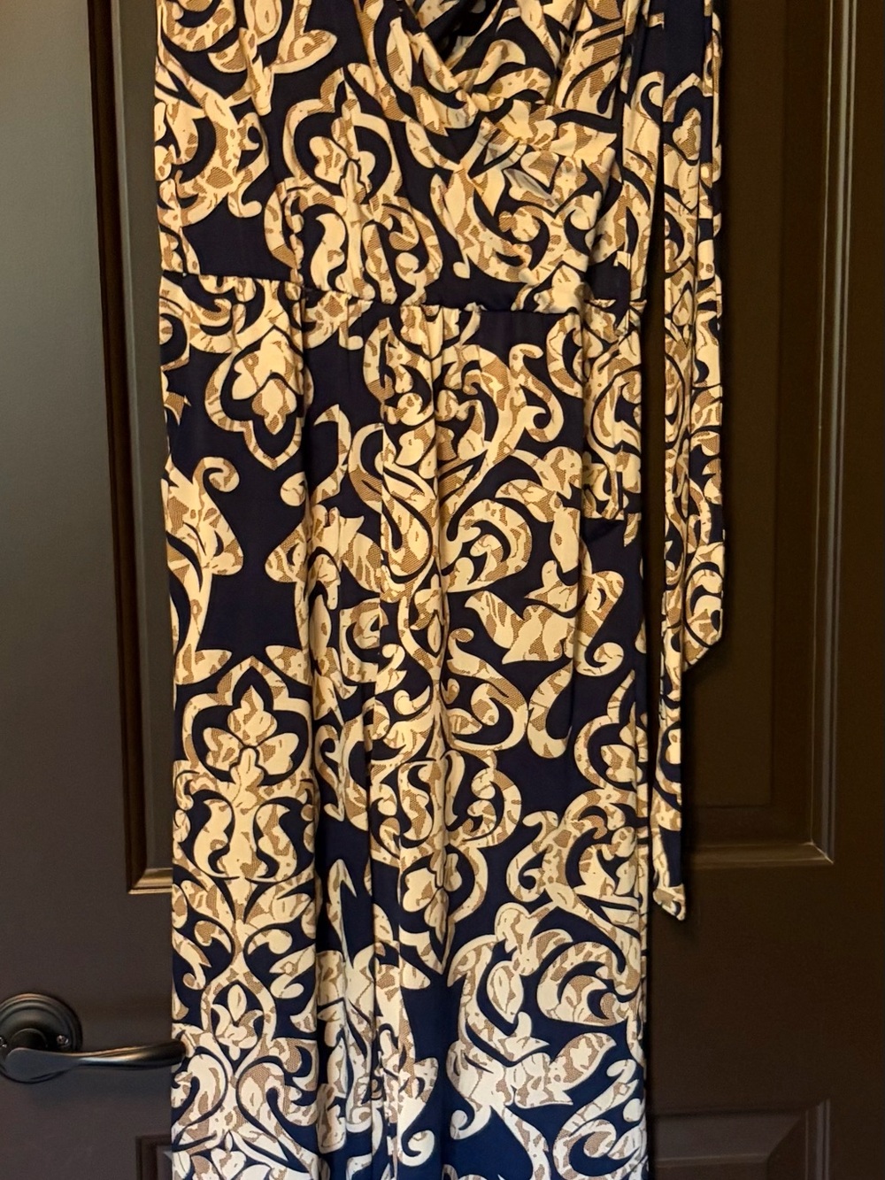 Women’s Navy and Cream Damask Pattern Faux Wrap Jumpsuit